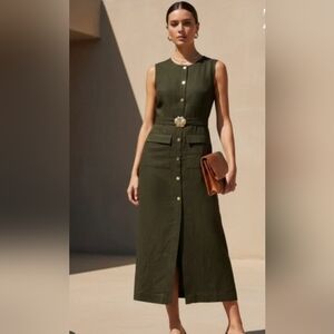 Zara Linen Olive Green Sleeveless Midi Dress
